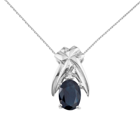 14k White Gold 7x5mm Oval Sapphire and Diamond Pendant