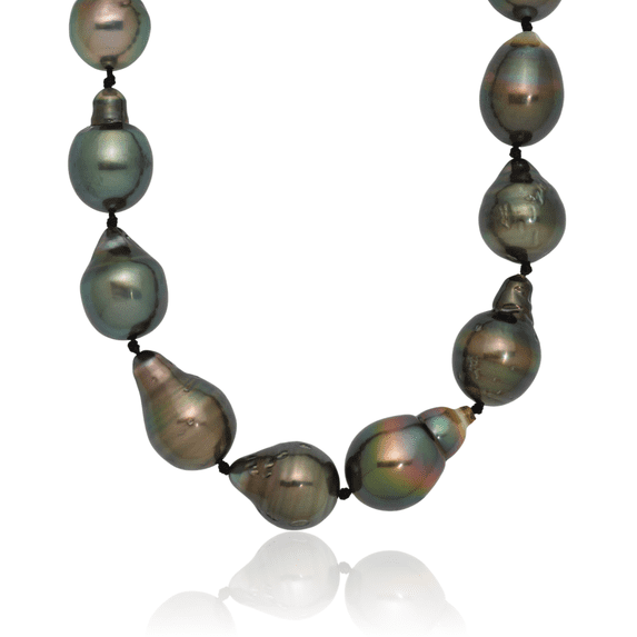 14K Solid White Gold 8 11mm Black Baroque Tahitian Saltwater Cultured Pearl Graduated Necklace Chain