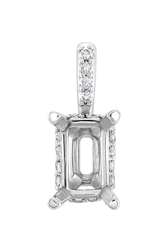 14k White Gold 9x7mm Emerald Cut Diamond Semi-Mount 4-Prong Accented Basket Pendant Fine Jewelry for Women Gifts for Her (15.5x7.6mm, Mounting Only, Not All Stones Included, .06 cttw, G-H, I1)