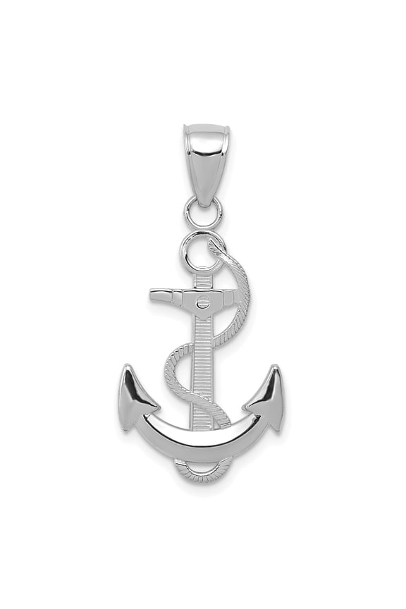 14k White Gold Anchor Pendant Necklace with Rope Design for Men and Women, Nautical Maritime Symbol of Faith, Hope, Stability, Spiritual Christian Ocean Style Jewelry