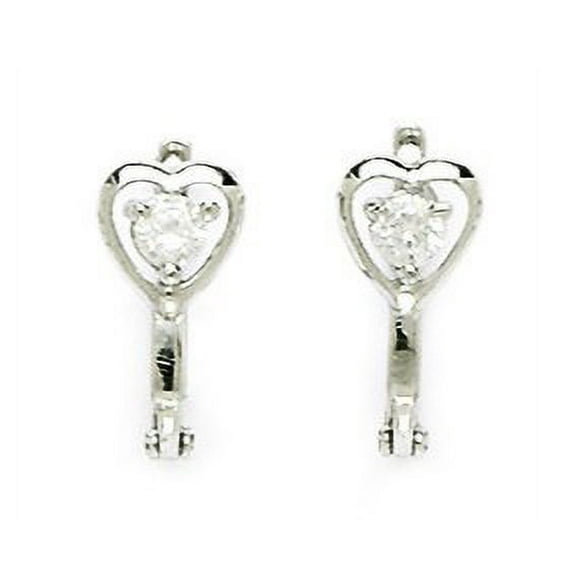 14k White Gold April Clear 3mm Round CZ Heart Leverback Earrings - Measures 12x5mm