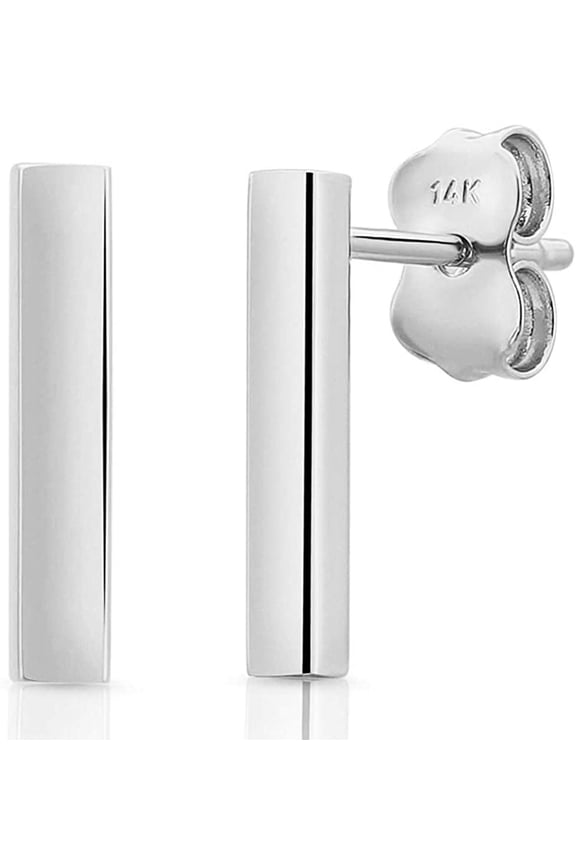 14k White Gold Bar Earrings Polished Stud 12.5mm Line Stick Minimalist Earrings