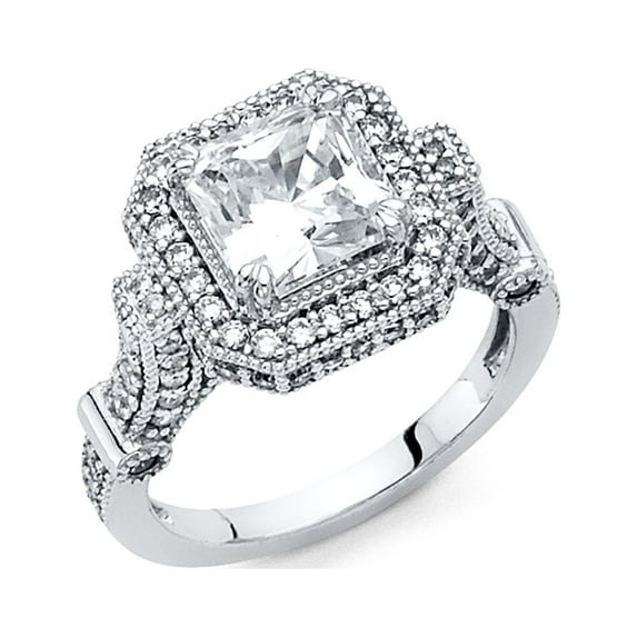 14k White Gold Big Princess CZ Halo Engagement Ring Vintage Style Anniversary Designer CZ Band Size 5