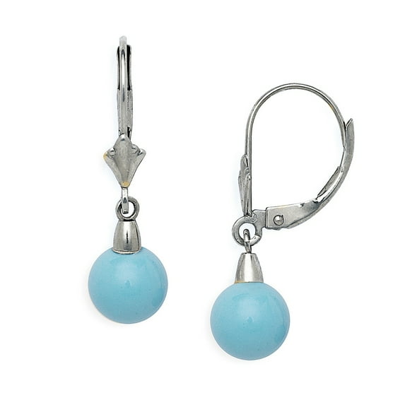 14k White Gold Blue 7x7mm Simulated Turquoise Ball Drop Leverback Earrings - Measures 27x7mm