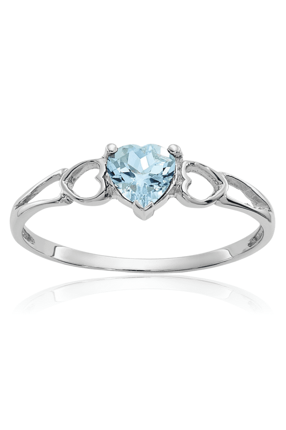 14K Solid White Gold Blue Aquamarine Heart Ring Love Band March Birthstone Jewelry