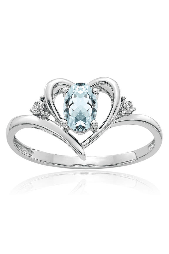 14K Solid White Gold Blue Aquamarine Diamond Heart Ring Love Band March Birthstone Jewelry