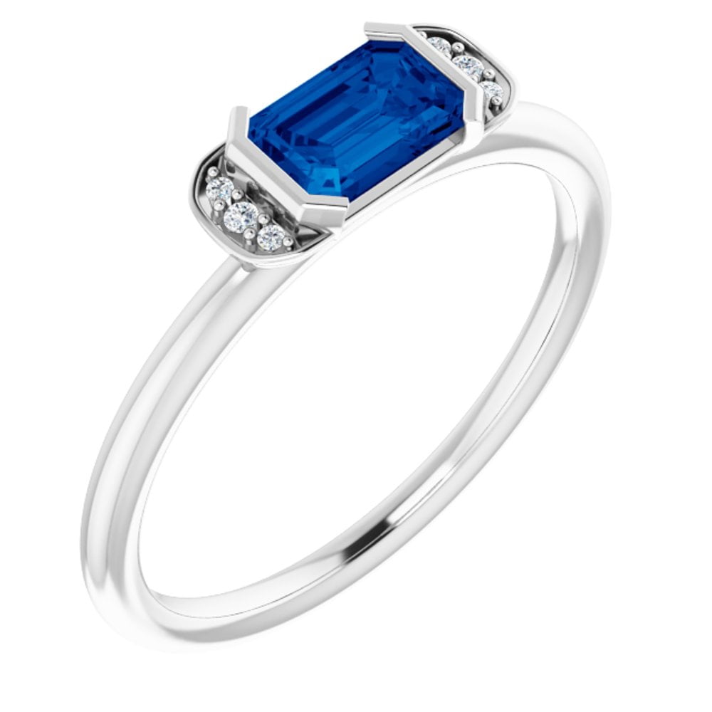 14k White Gold Blue Sapphire and .02 cttw Diamond Stackable Fashion ...