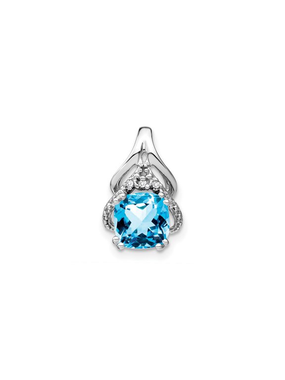 14k White Gold Blue Topaz and Diamond Pendant Necklace for Women, Cushion Cut Gemstone with Ornate Elegant Design, Luxury Formal Jewelry Statement Piece