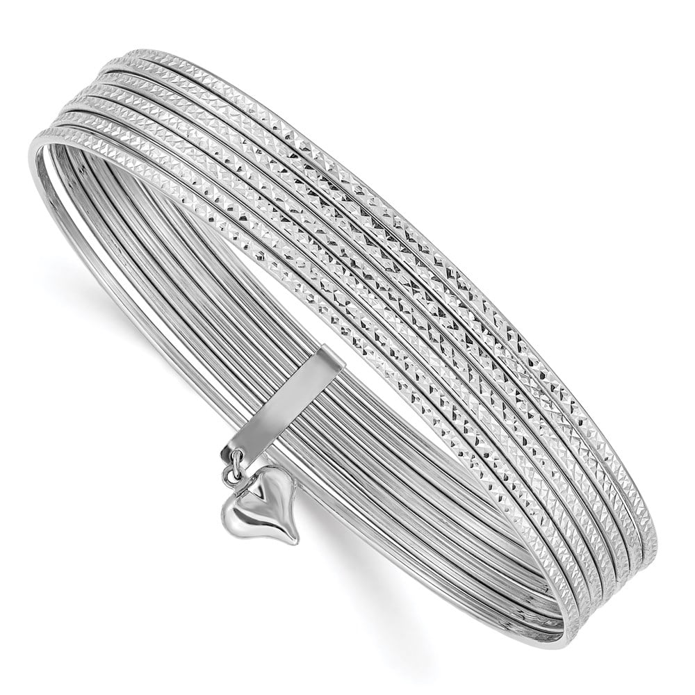 ZEN JEWELZ 14k White Gold Bracelet Bangle Women's 11 mm in WG w/ Dangle Heart Textured Set of 7 Slip-on Bangles