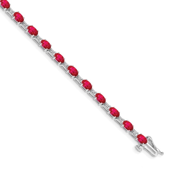 14k White Gold Bracelet Gemstones July Women's Ruby Oval 4 mm 7 in Diamond and