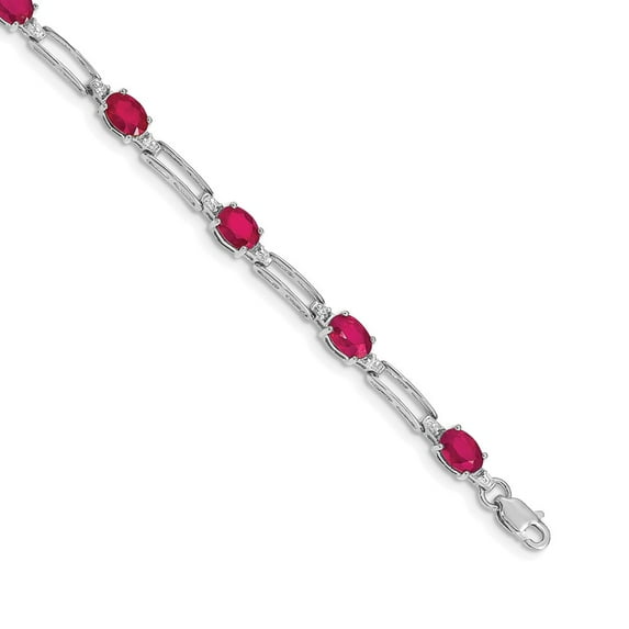 14k White Gold Bracelet Gemstones July Women's Ruby Oval 5 mm 7.25 in Diamond and