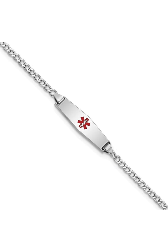 14k White Gold Bracelet Medical Curb 5.5 mm 7 in WG Semi-Solid Soft Diamond Shape Red Enamel Cuban ID