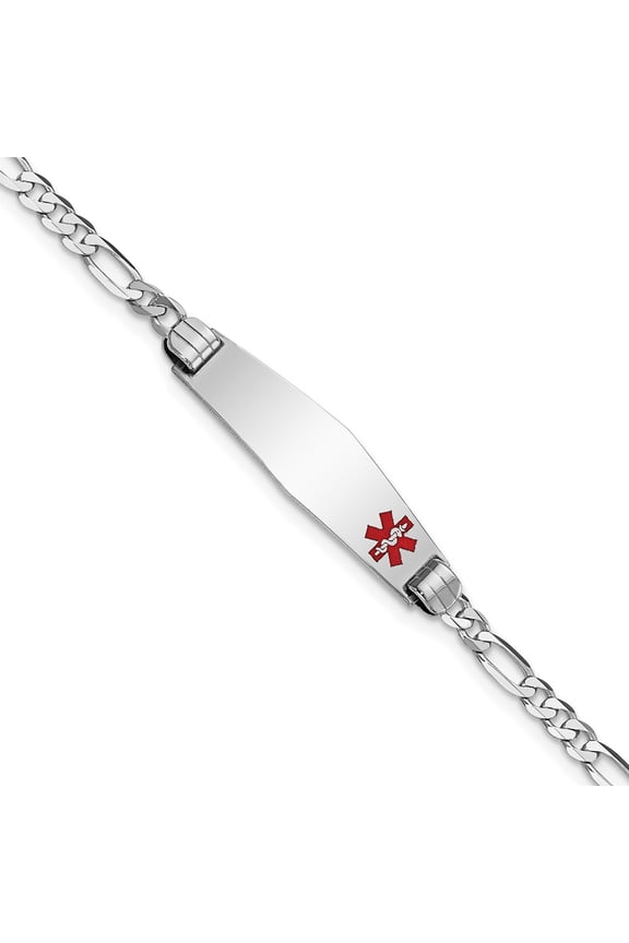 14k White Gold Bracelet Medical Figaro 7.5 mm 8 in WG Soft Diamond Shape Red Enamel Link ID