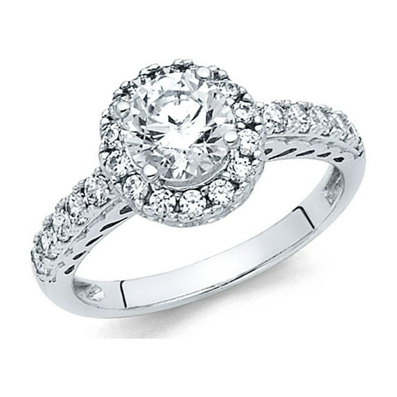 14k White Gold CZ Engagement Halo Ring Anniversary Solitaire Band Round CZ Side Stones Women Size 7