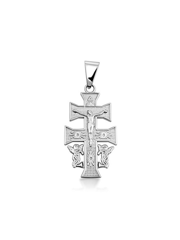 14k White Gold Caravaca Double Cross Pendant Necklace, 20" Chain