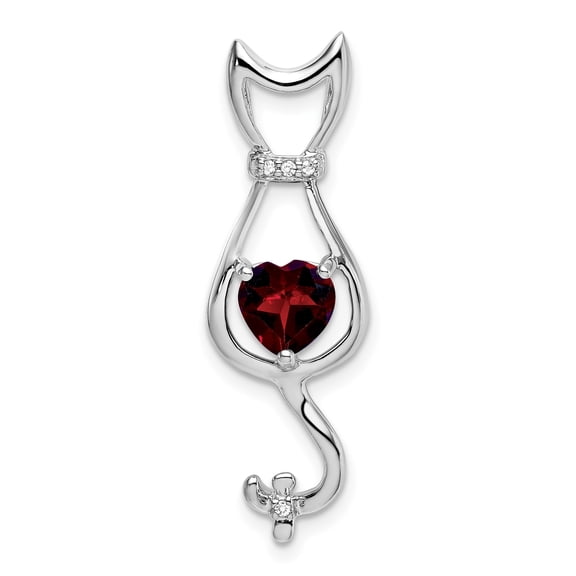 14k White Gold Cat Pendant Necklace for Women with Red Heart Gemstone and Diamond Accents, Romantic Animal Symbolic Jewelry with Feline Design and Elegant Style