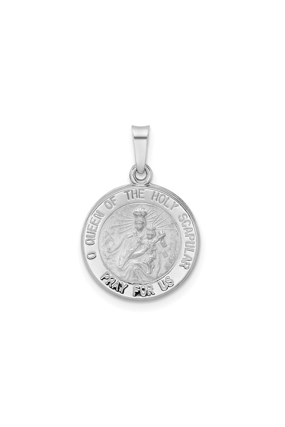 14k White Gold Catholic Pendant for Women, Our Lady of Mount Carmel Medal with Holy Scapular Inscription, Religious Jewelry for Daily Faith Wear