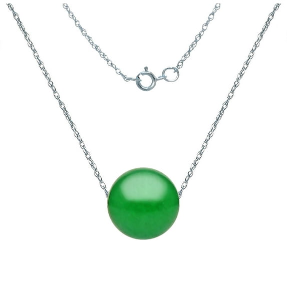 14k White Gold Chain Necklace 18 inches Long with Floating 8mm Green Jade Charm Pendant