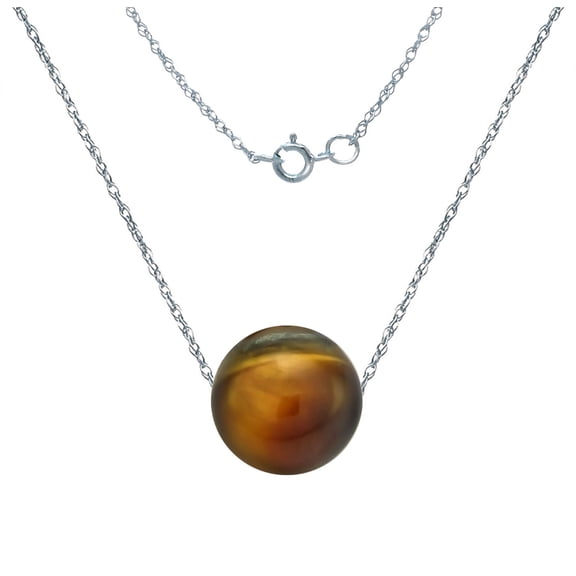 14k White Gold Chain Necklace 18 inches Long with Floating 8mm Tiger Eye Charm Pendant