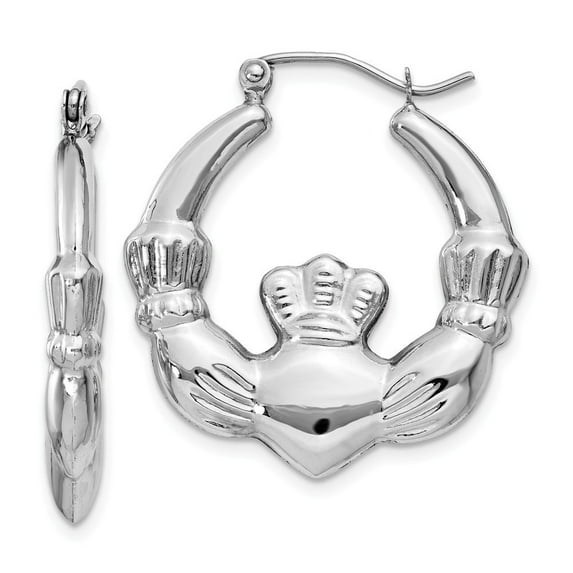14k White Gold Claddagh Hoop Earrings - 2.7 Grams - Measures 16x4mm Wide