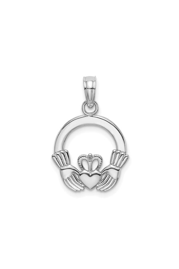 14k White Gold Claddagh Pendant Necklace for Women, Celtic Heart Crown Symbol with Hands, Irish Heritage Jewelry Representing Love, Loyalty, and Friendship