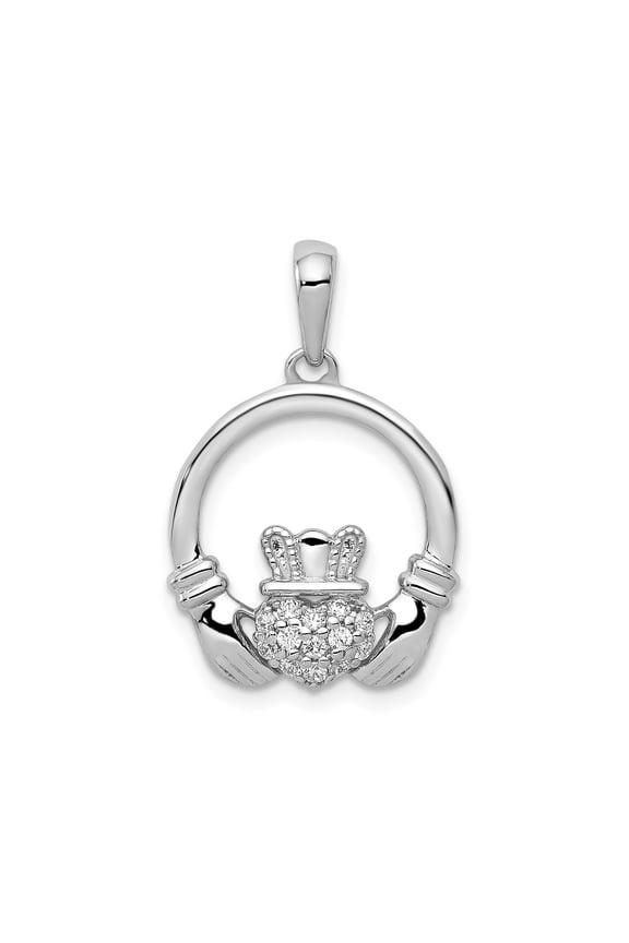 14k White Gold Diamond Claddagh Circle Pendant Charm, Celtic Heart Hands Crown