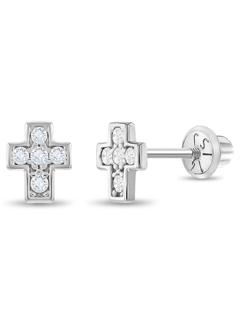 14k White Gold Clear Cubic Zirconia Little Cross Screw Back Earrings for Girls