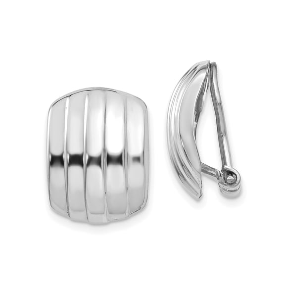 14k White Gold Clip-On Earrings for Women, Ribbed Dome Design with Polished Finish, Non Pierced Bold Style for Formal and Everyday Wear
