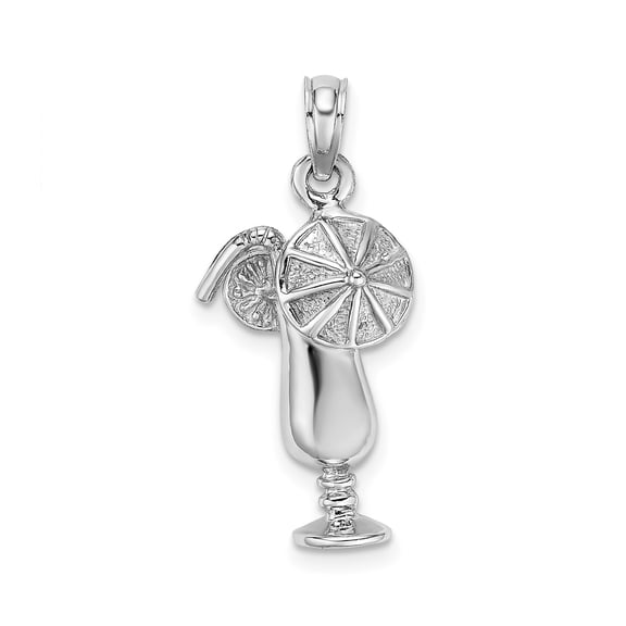 14k White Gold Cocktail Drink Pendant for Women, Tropical Glass with Straw and Citrus Slice, Beach Vacation Jewelry, Summer Charm, Casual Resort Style Accessory