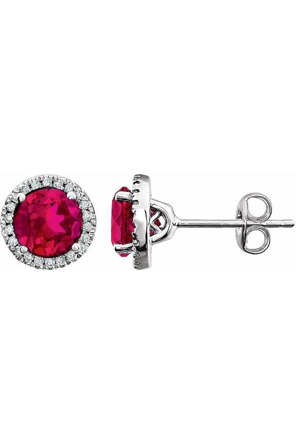 14k White Gold Created Ruby and 1/8 cttw Diamond Stud Earrings Fine Jewelry For Women Gifts For Her (H-J, I1-I2)