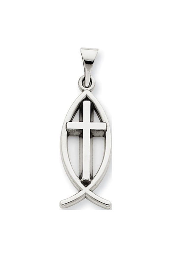 14k White Gold Cross Ichthus Fish Pendant
