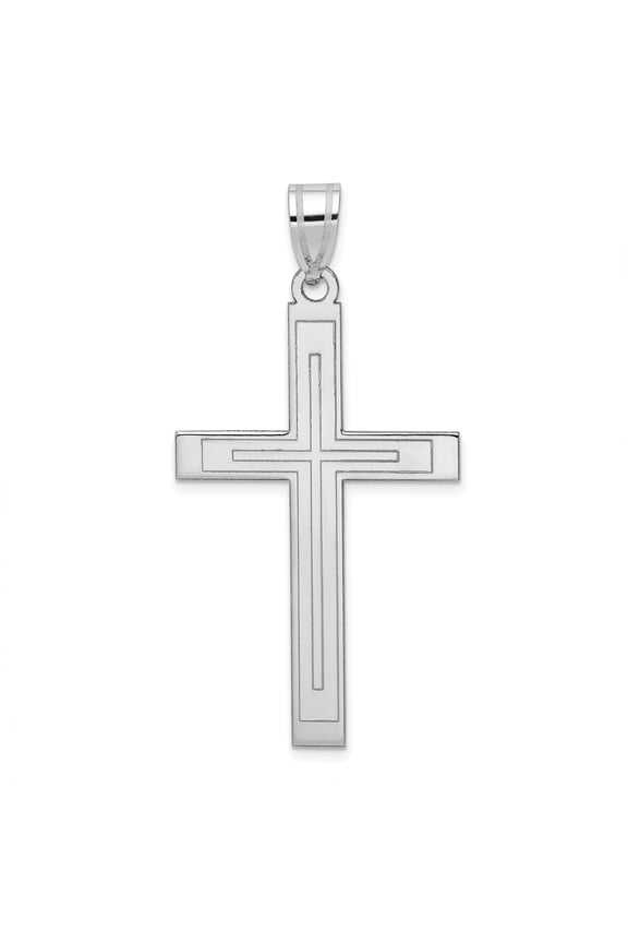 14k White Gold Cross Pendant Necklace for Men and Women with Lines, Polished Finish, Catholic Christian Jewelry, Religious Faith Symbol, Spiritual Keepsake Accessory
