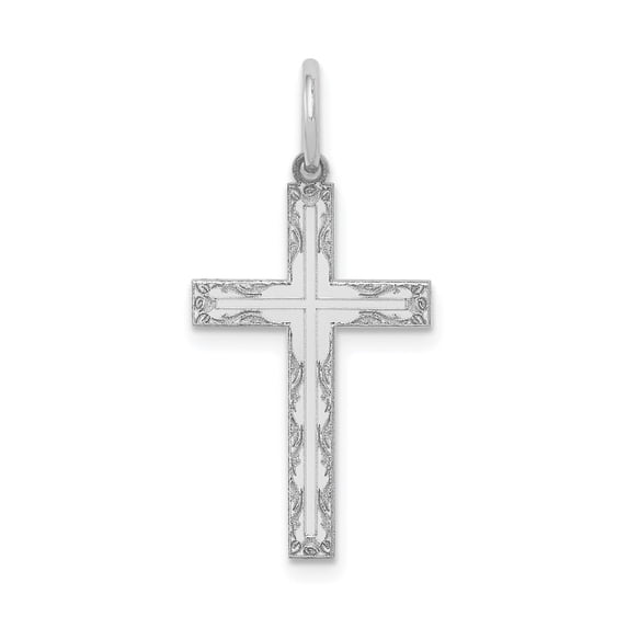14k White Gold Cross Pendant Necklace for Women with Floral Engraving, Christian Religious Jewelry Symbol, Spiritual Faith Latin Charm, Elegant Devotional Accessory