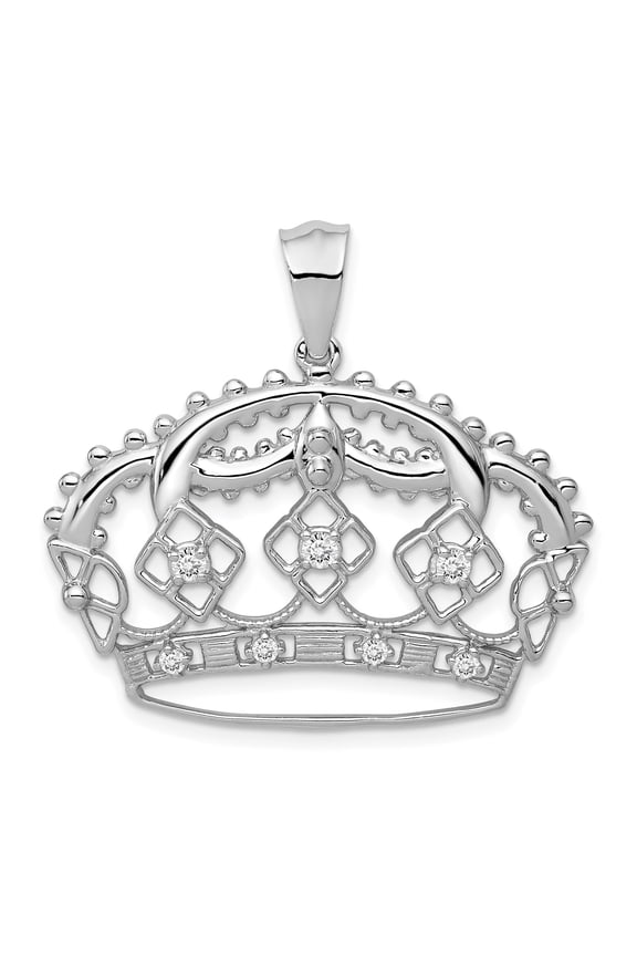 14k White Gold Crown Pendant for Women with Diamond Accents, Openwork Regal Charm Symbolizing Elegance, Royalty, Power, Feminine Luxury Fashion Jewelry
