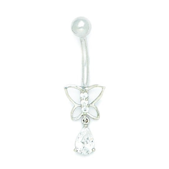 14k White Gold Cubic Zirconia 14 Gauge Buttrefly Drop Body Jewelry Belly Ring - Measures 30x9mm