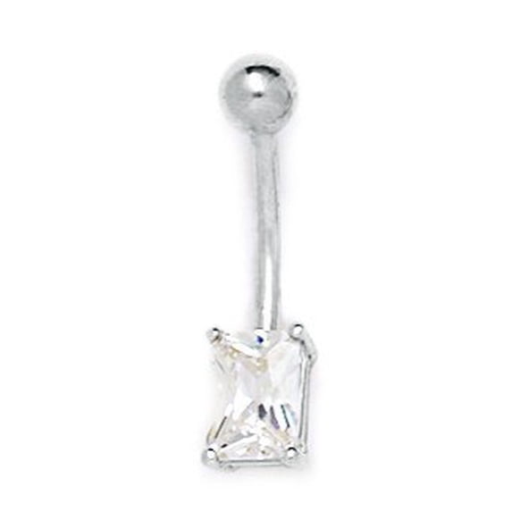 14k White Gold Cubic Zirconia 14 Gauge Rectangle Shapes Body Jewelry Belly Ring - Measures 23x7mm