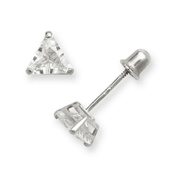 14k White Gold Cubic Zirconia CZ Trilliant (triangle) Screw Back Stud Earrings (White Gold)-Stud Earring for Women