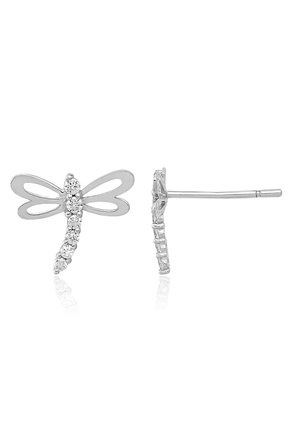 14K Solid White Gold Cubic Zirconia CZ Dragonfly Stud Earrings