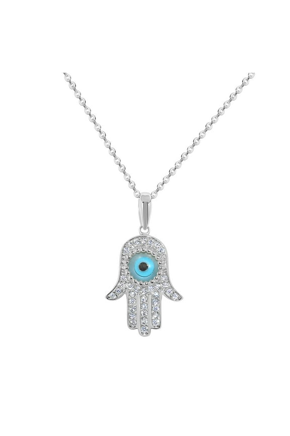 14k White Gold Cubic Zirconia Evil Eye Hamsa Hand of Fatima Pendant Necklace