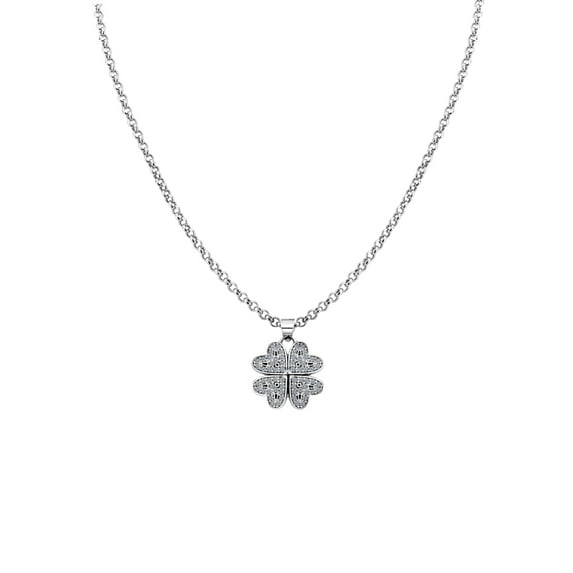 14k White Gold Cubic Zirconia Heart Clover Pendant with 0.9mm Dainty Rolo Chain