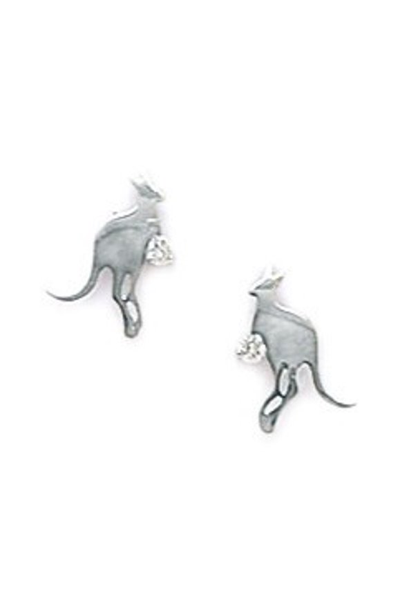 14k White Gold Cubic Zirconia Kangaroo Shaped Screw-Back Earrings - Measures 9x7mm