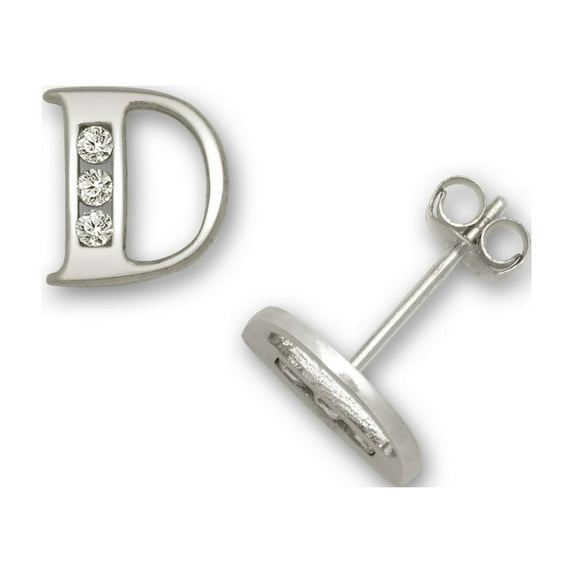 14k White Gold Cubic Zirconia Small Initial D Earrings - Measures 7x6mm