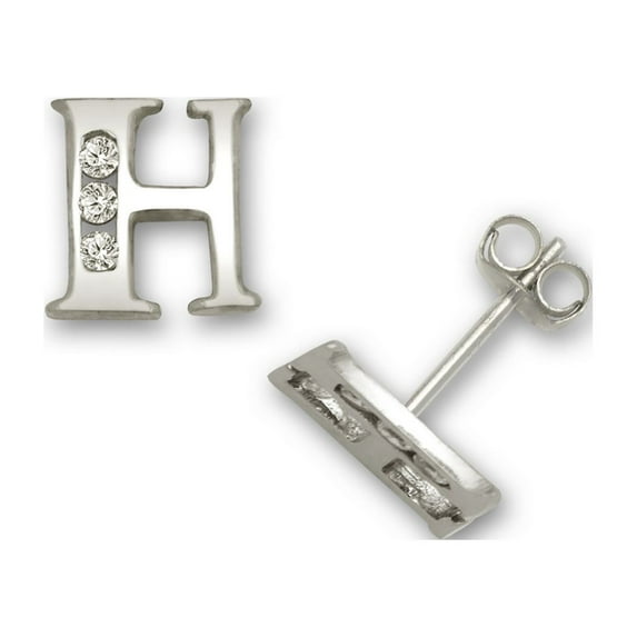 14k White Gold Cubic Zirconia Small Initial H Earrings - Measures 7x6mm
