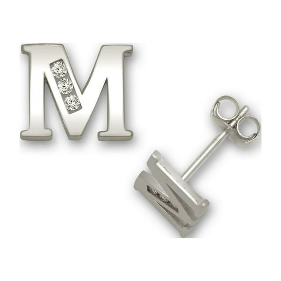 14k White Gold Cubic Zirconia Small Initial M Earrings - Measures 7x7mm