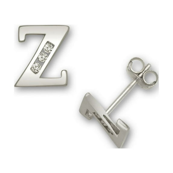 14k White Gold Cubic Zirconia Small Initial Z Earrings - Measures 7x7mm
