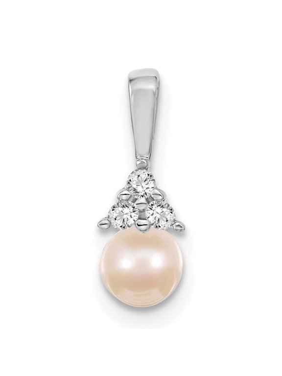 14k White Gold Cultured Pearl Pendant Necklace for Women with Triangular White Gemstone Cluster, Elegant Anniversary Bridal Jewelry for Formal or Classic Sophisticated Style