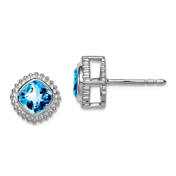 14k White Gold Cushion Blue Topaz Earrings 8.2x8.2mm Wide Stud Earring for Women