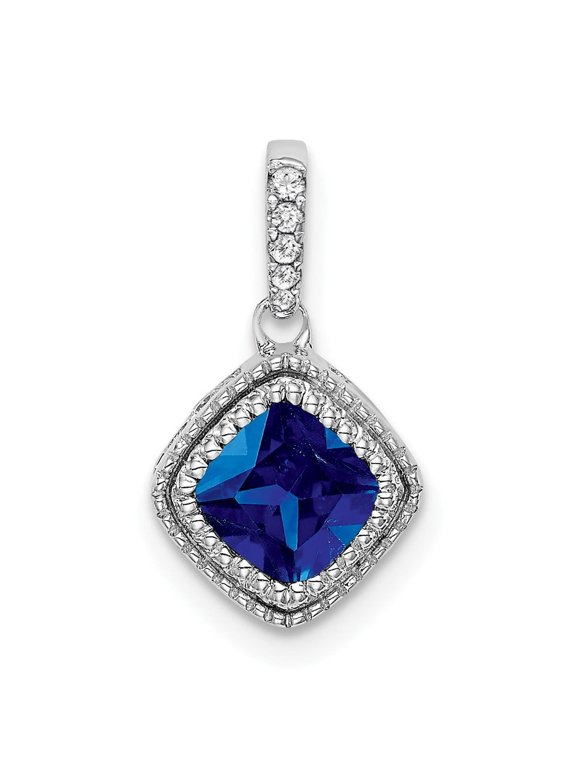 14k White Gold Cushion Cut Blue Gemstone Pendant Necklace with Halo Clear Accents for Women, Elegant Formal Birthstone Jewelry