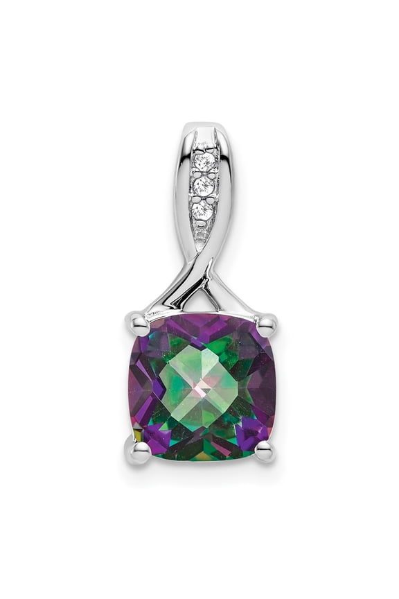 14k White Gold Cushion Mystic Fire Topaz and Diamond Pendant