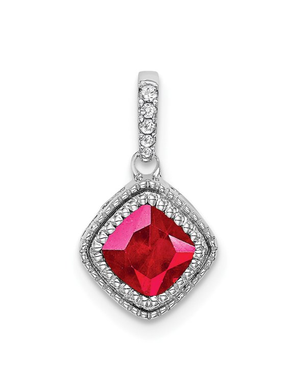 14k White Gold Cushion Ruby and Diamond Pendant
